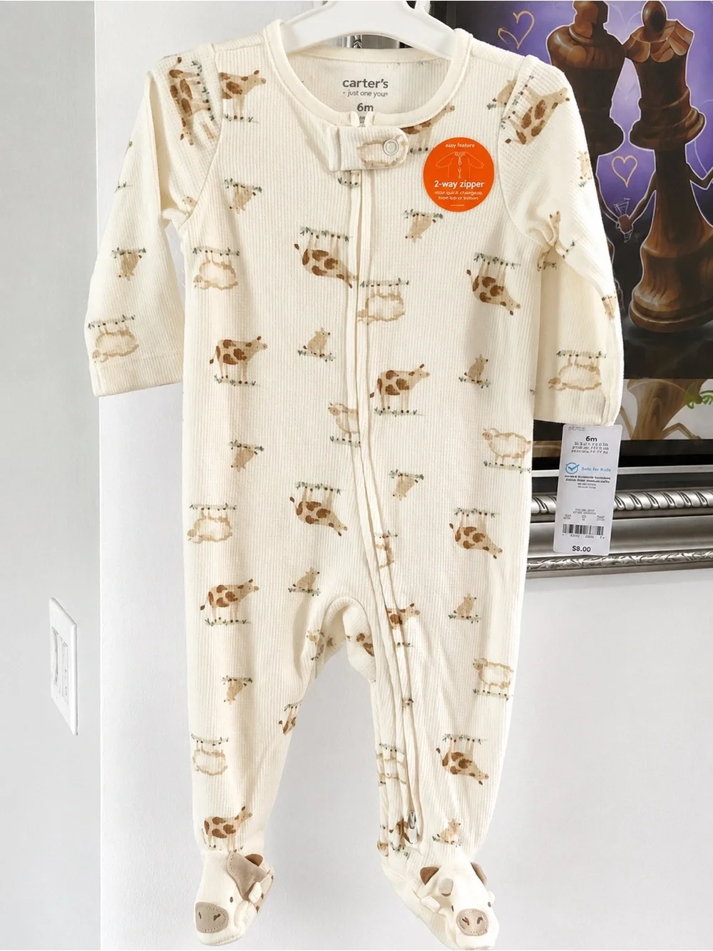 Carter's Cream Cow-Print Footed One-Piece Zipper Pajamas
